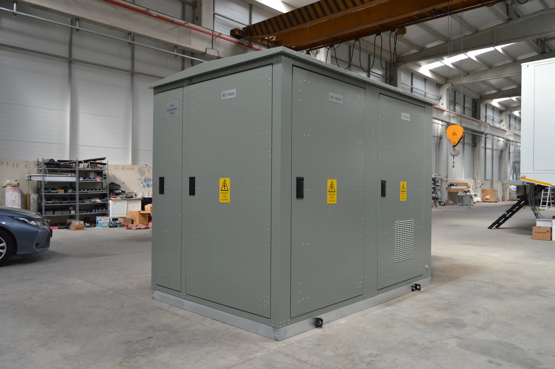 Completed LMZ sheet-steel kiosk enclosure in the factory