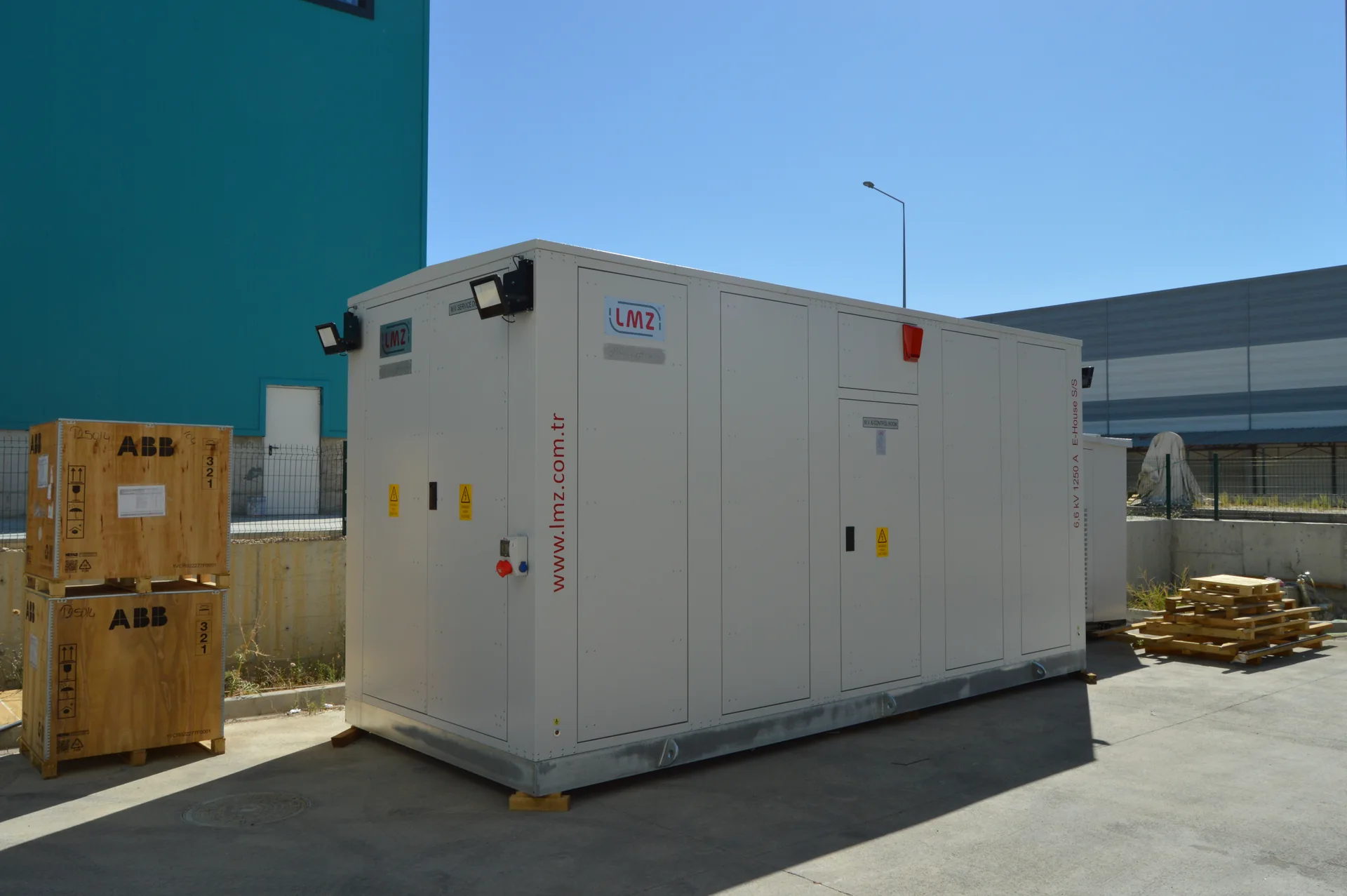 LMZ modular electrical Powerhouse E-House exterior in the factory yard